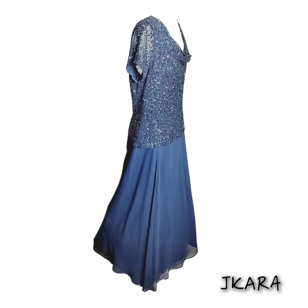 JKARA New York Blue Sequin Maxi Dress Draped Cowl Neck |  Formal Evening | Sz 8 - Picture 3 of 7